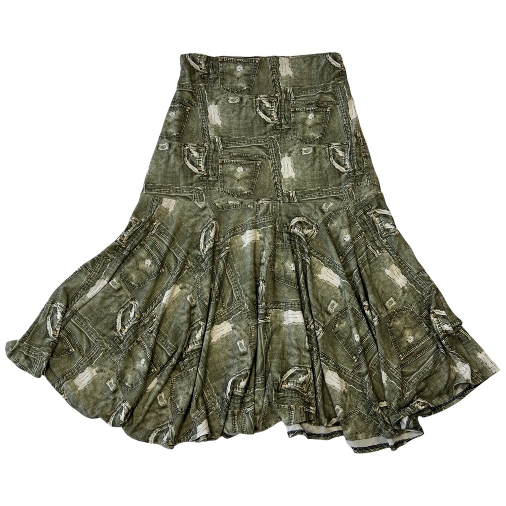 Vintage 90s Cyber Grunge Green Denim Print Tank and Midi Maxi Ruffle Skirt Set - Picture 6 of 14